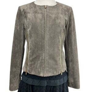 CALVIN KLEIN Womens (8) Taupe Gray Faux Suede Gold Zipper‎ Jacket Coat Vegan